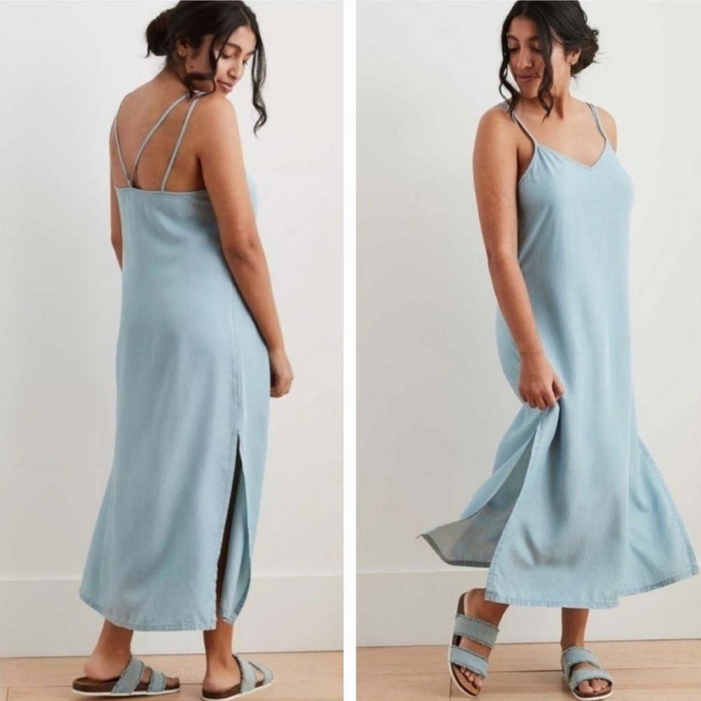 Aerie Women's Chambray‎ Spaghetti Straps Midi Slip Dress Side Slits